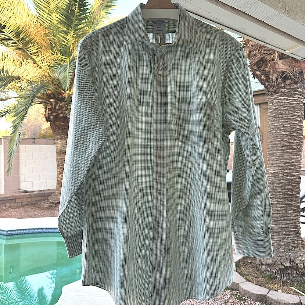Brooks Brothers Green White Check Plaid Regent Fit Dress Shirt 16 2/3 Large